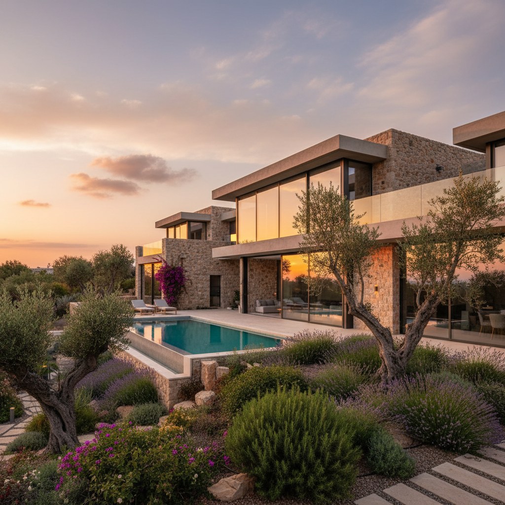 Alaçatı Villa projesi — taş ve cam cepheli iki katlı villa